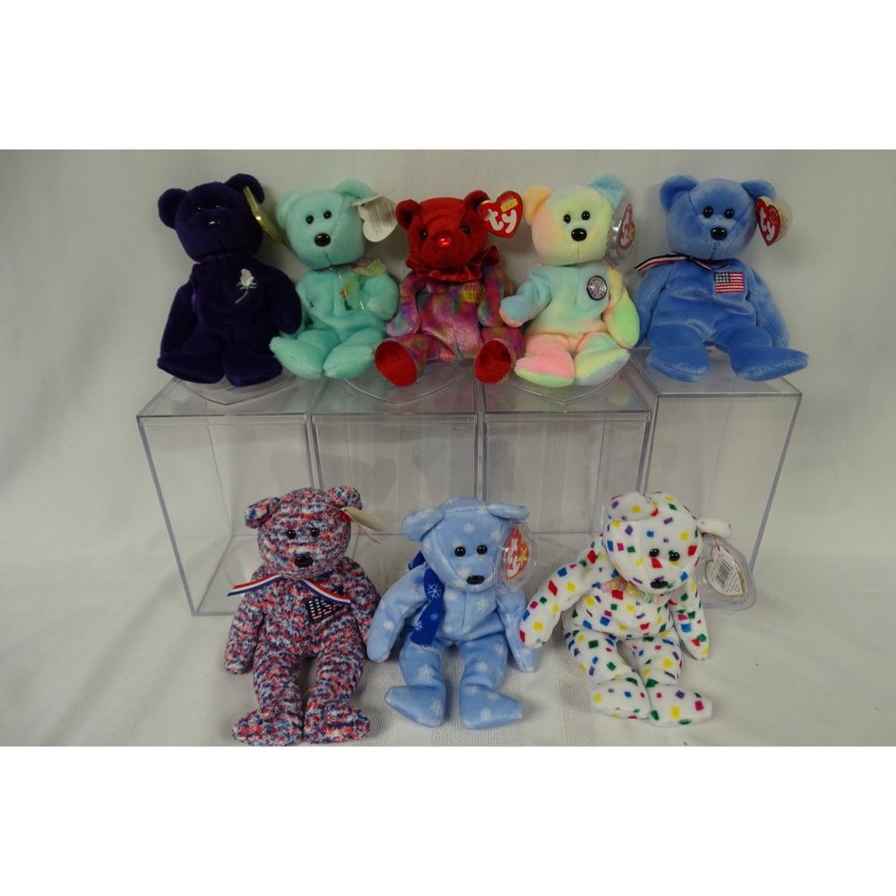8 Ty Beanie Babies w/ 4 Display Cases Ariel Ice Blue Snowflake America Princess